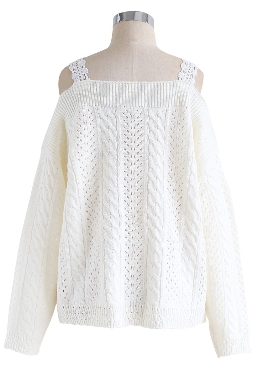 Lovable Ingenuity Cold-Shoulder Cable Knit Sweater in White