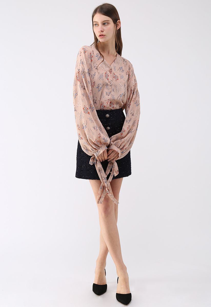 Soft Flower V-Neck Chiffon Top in Nude Pink - Retro, Indie and Unique ...