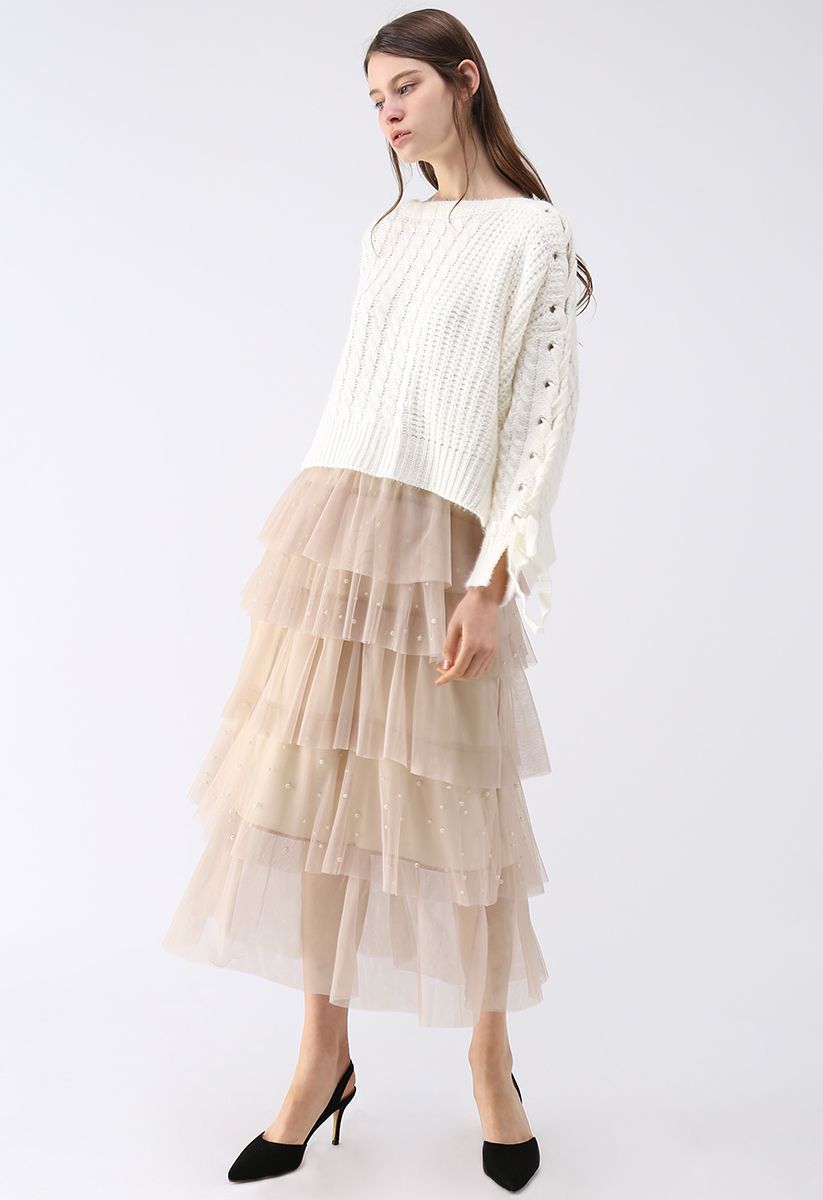 Surrounded By Pearls Tiered Mesh Skirt in Cream - Retro, Indie and ...