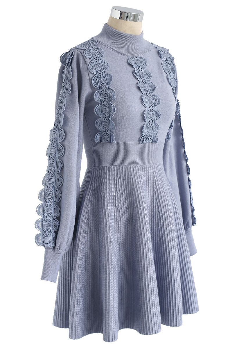 Amiable Attraction Crochet A-Lined Knit Dress in Dusty Blue - Retro ...