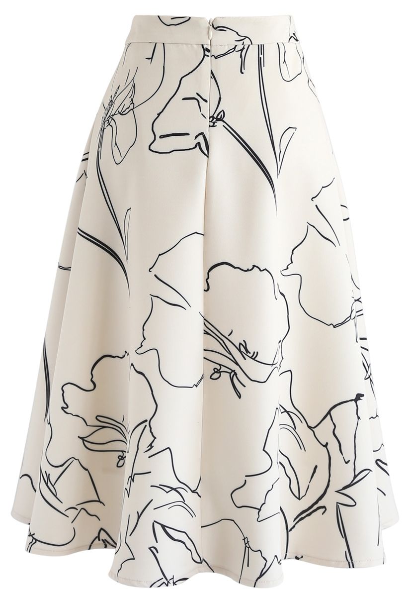 Drawing Blossom A-Line Midi Skirt in Cream
