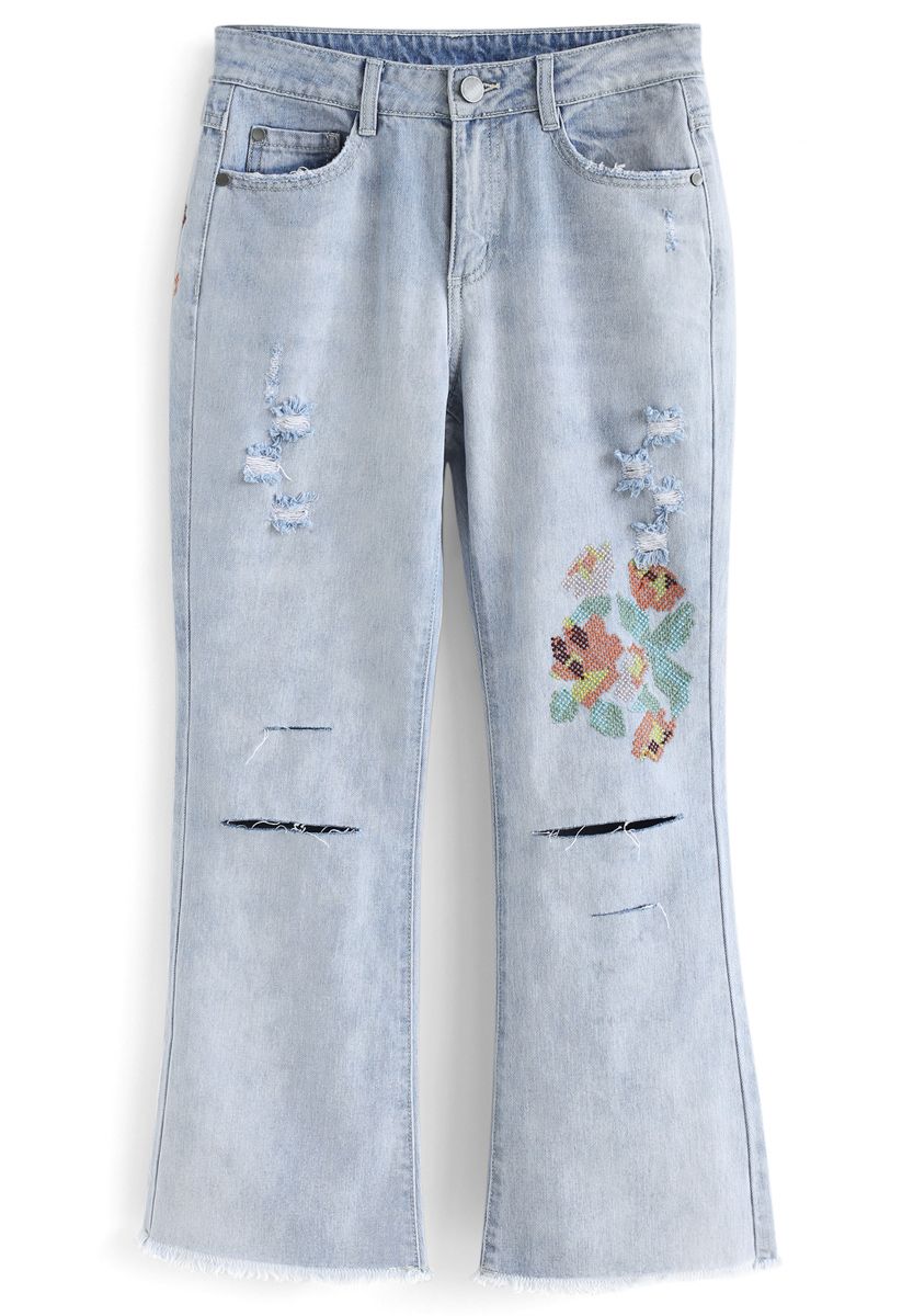 Floral Cross-Stitch Ripped Cropped Flare-Leg Jeans - Retro, Indie and ...