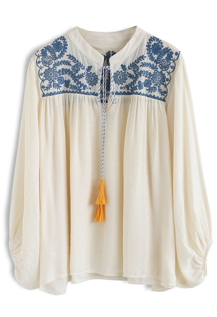 Groovy Boho Embroidered Smock Top in Cream - Retro, Indie and Unique ...