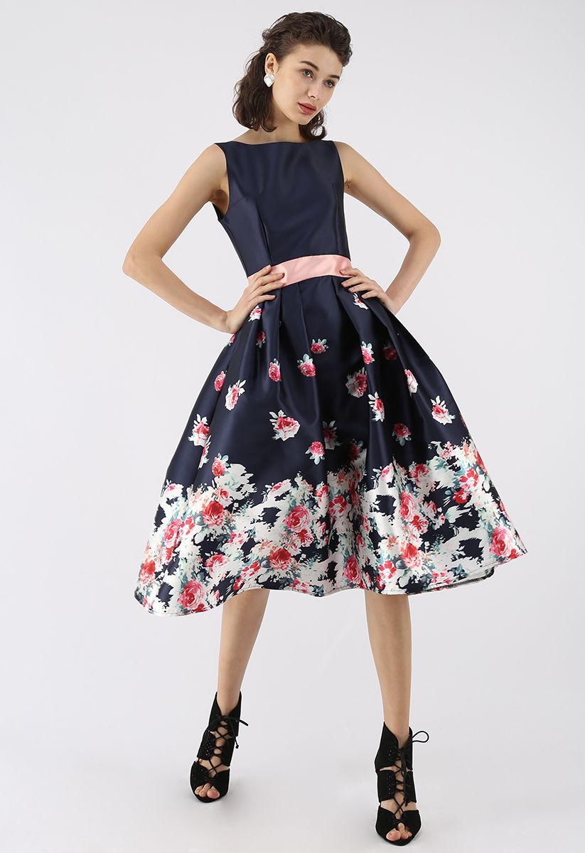Gone With Rose Printed Dress in Navy - Retro, Indie and Unique Fashion