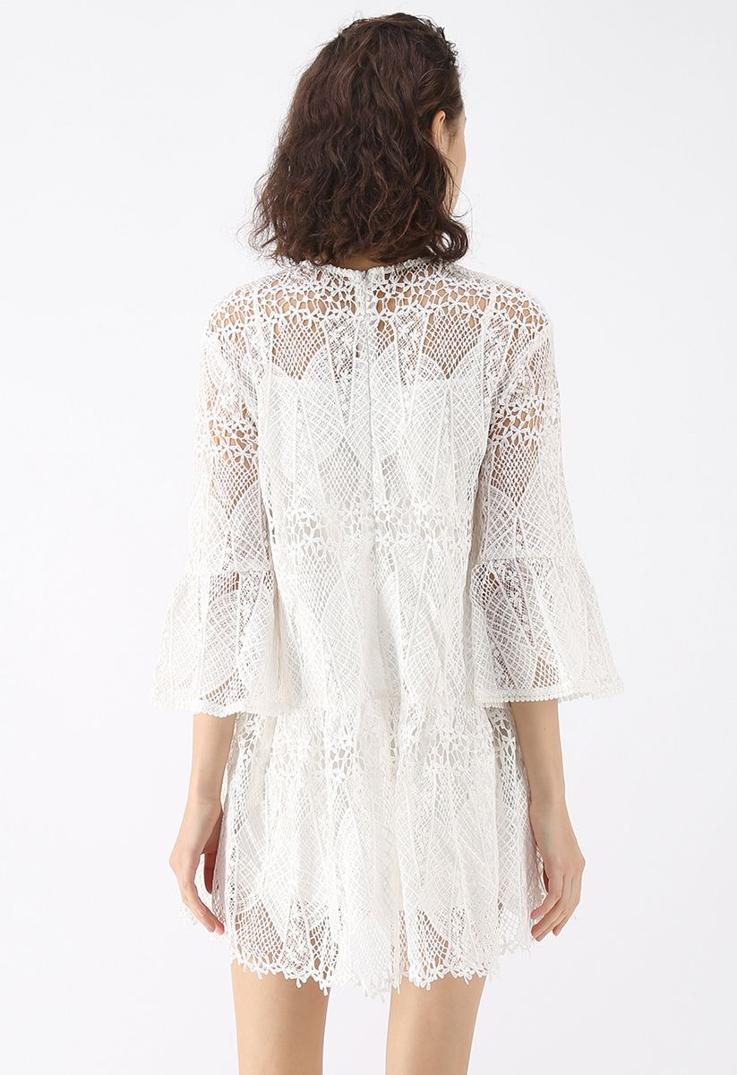 Crochet Nature Bell Sleeves Dress in White