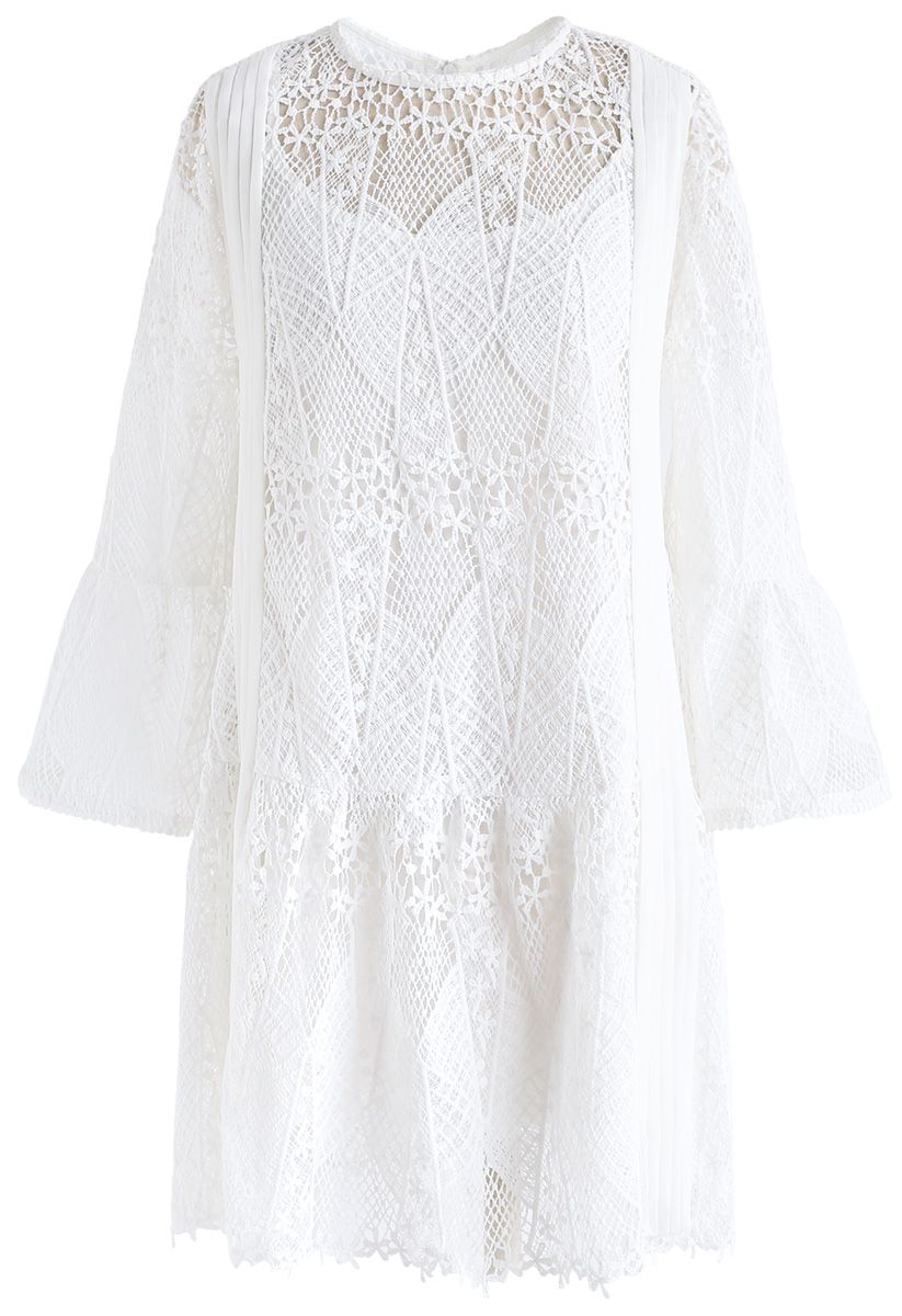 Crochet Nature Bell Sleeves Dress in White