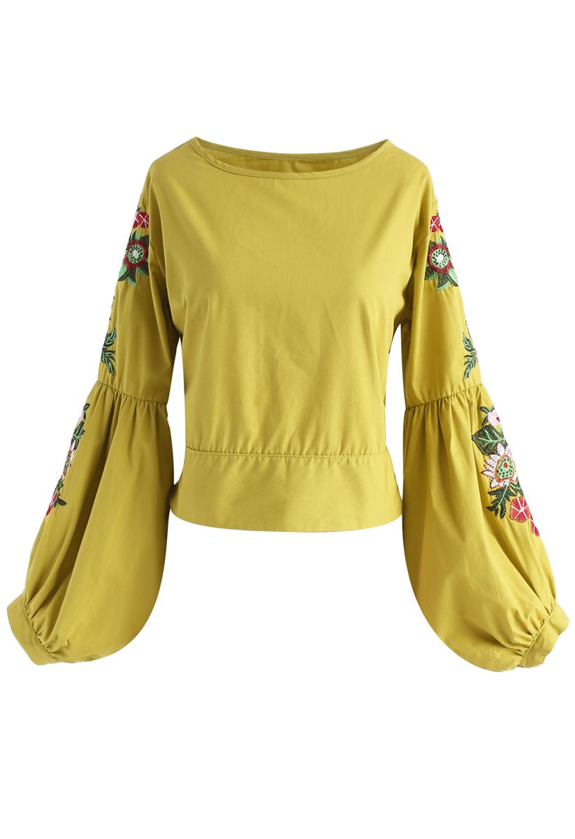 Morning Glory Blossoms Embroidered Top in Mustard - Retro, Indie and ...