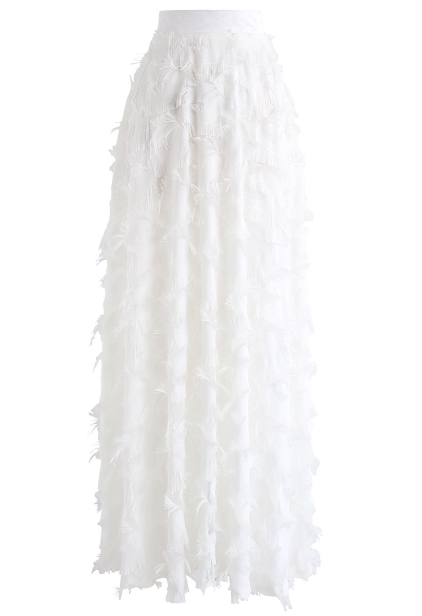 Dancing Feathers Tassel Maxi Skirt in White