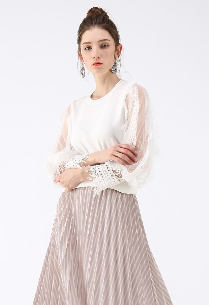 Romantic Sample Mesh Bubble Sleeves Sweater in White