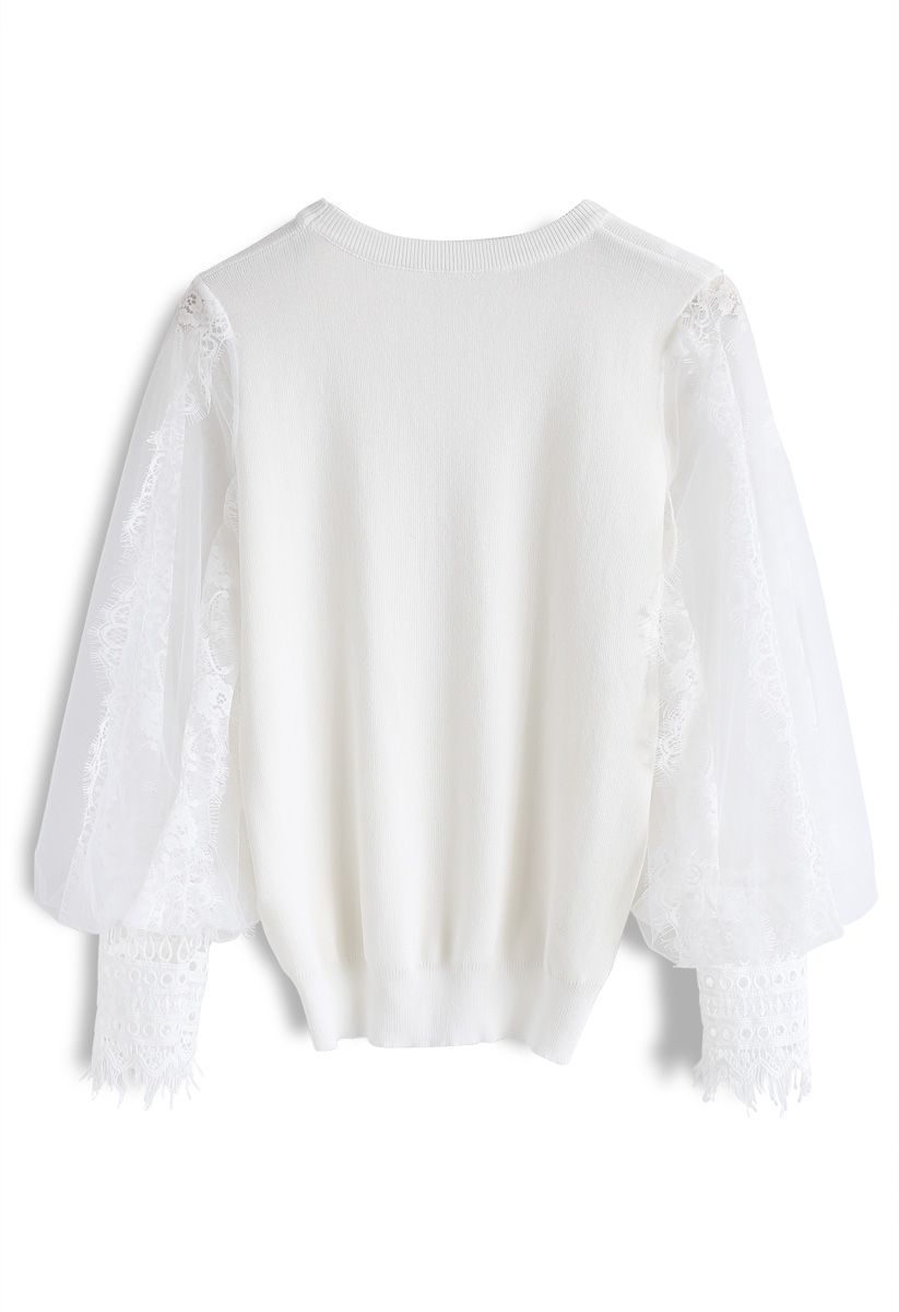 Romantic Sample Mesh Bubble Sleeves Sweater in White