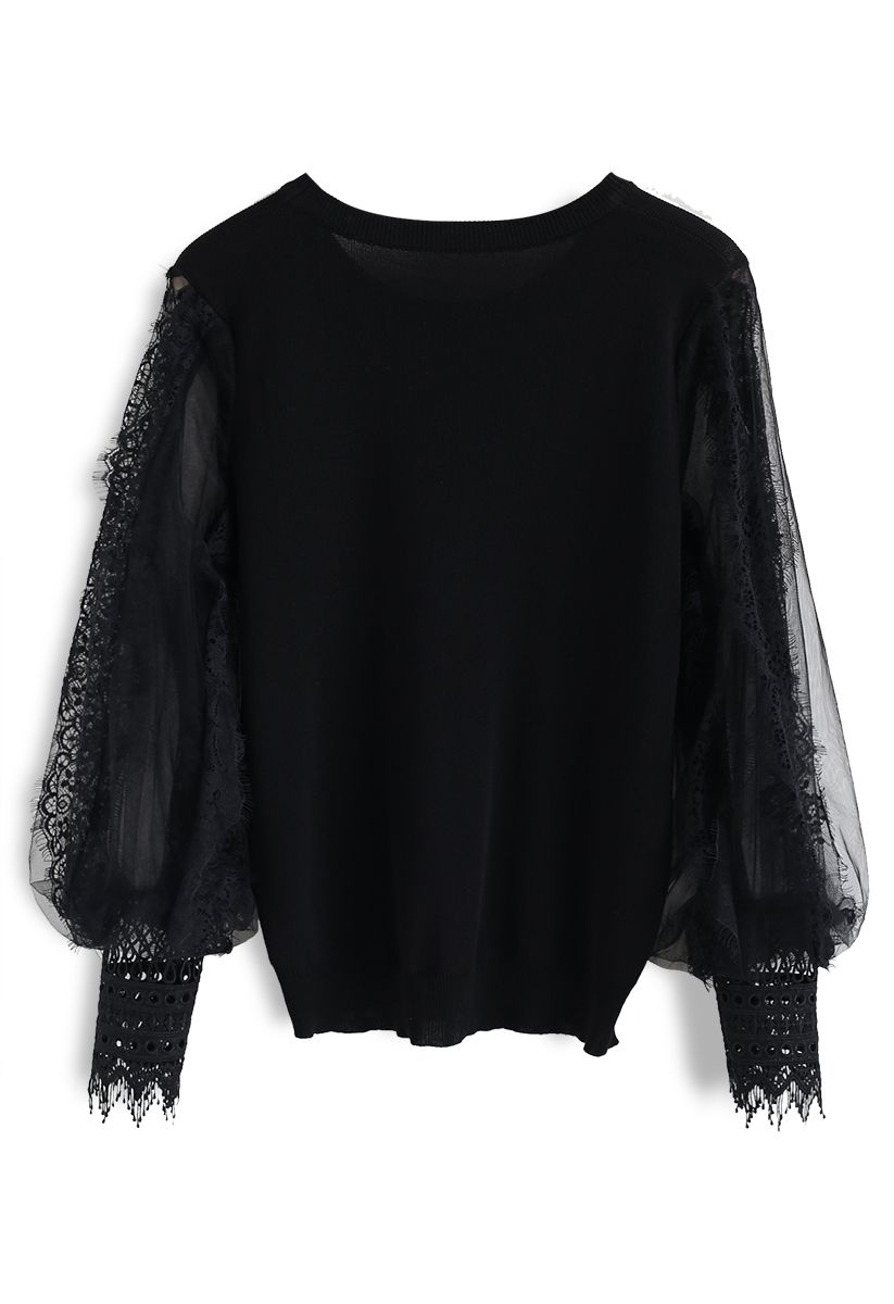 Romantic Sample Mesh Bubble Sleeves Sweater in Black - Retro, Indie and ...