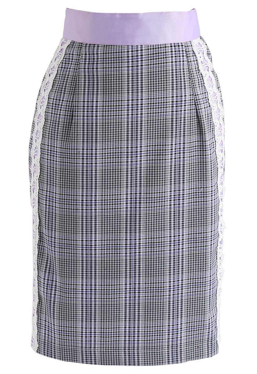 Fad Vanguard Crochet Check Pencil Skirt in Purple