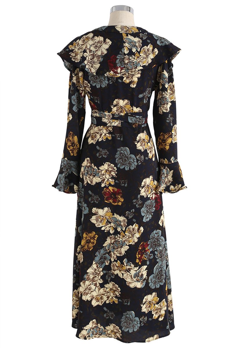 Prosperous Garden Floral Frilling Wrapped Dress in Black - Retro, Indie ...