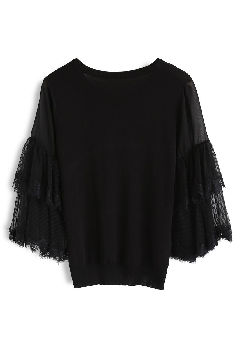 Unstoppable Cuteness Tiered Sleeves Knit Top in Black