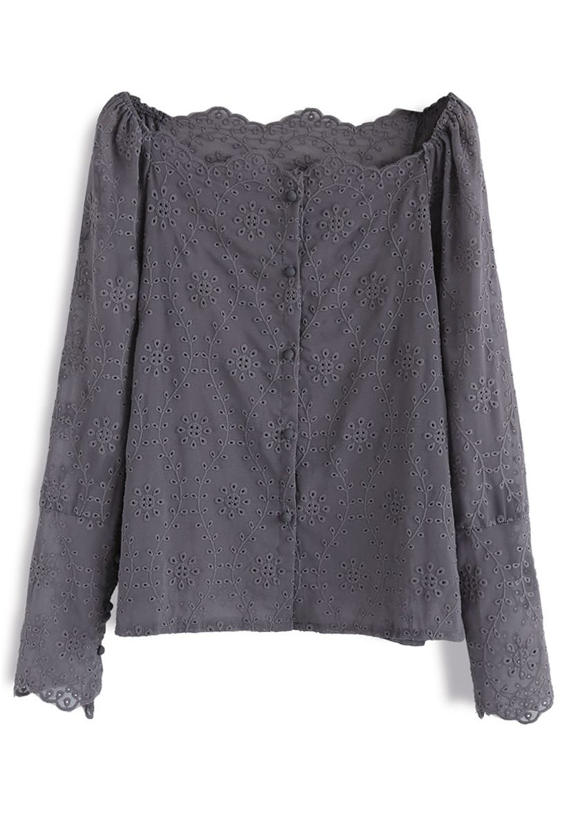 French Romance Embroidered Crepe Top in Smoke