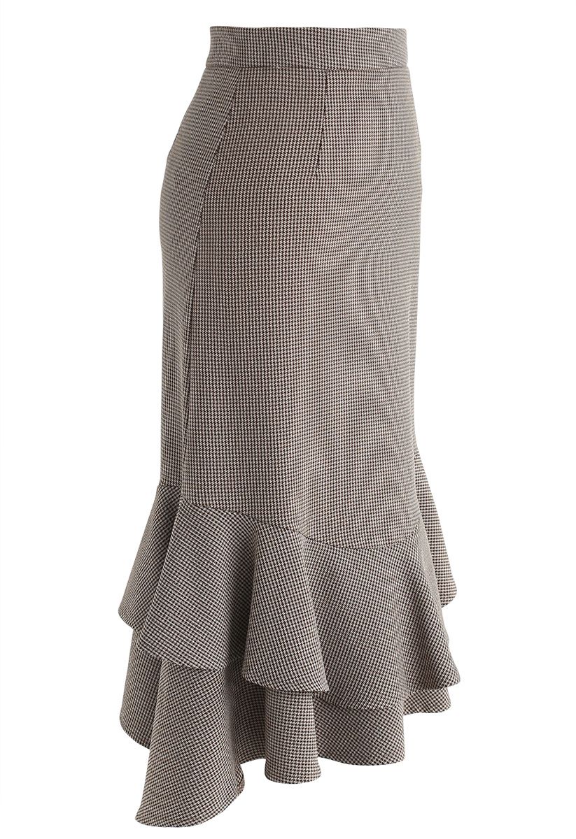 Graceful Houndstooth Tiered Frill Hem Pencil Skirt in Tan