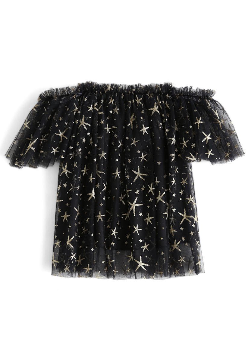 Stars Shining Out Mesh Off-Shoulder Tunic in Black For Kids