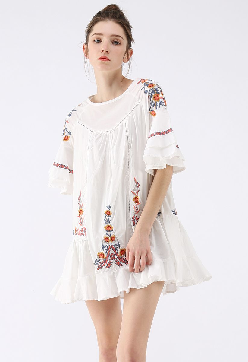Flawless Boho Floral Embroidered Ruffle Dress