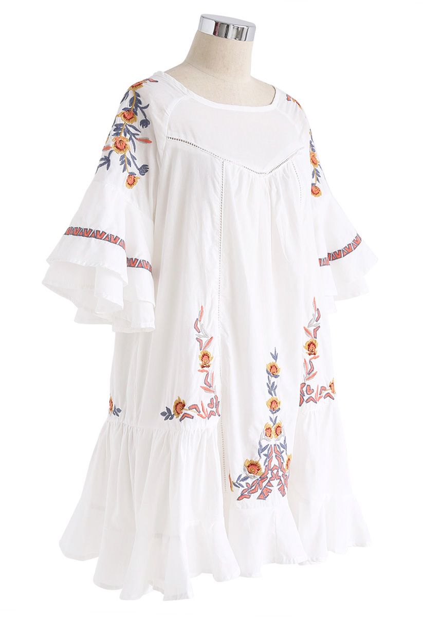 Flawless Boho Floral Embroidered Ruffle Dress
