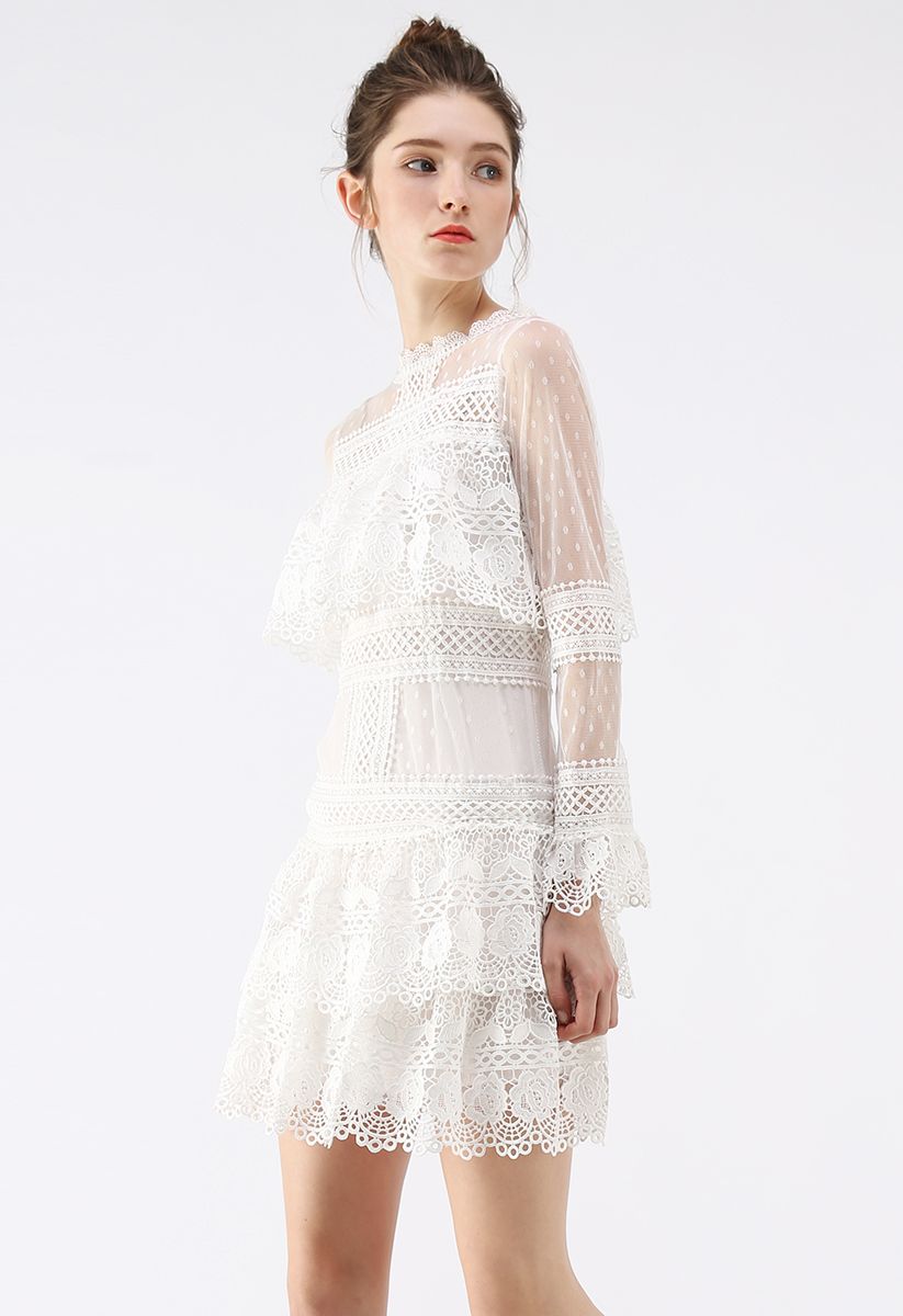 Sweet Destiny Tiered Crochet Mesh Dress in White - Retro, Indie and ...