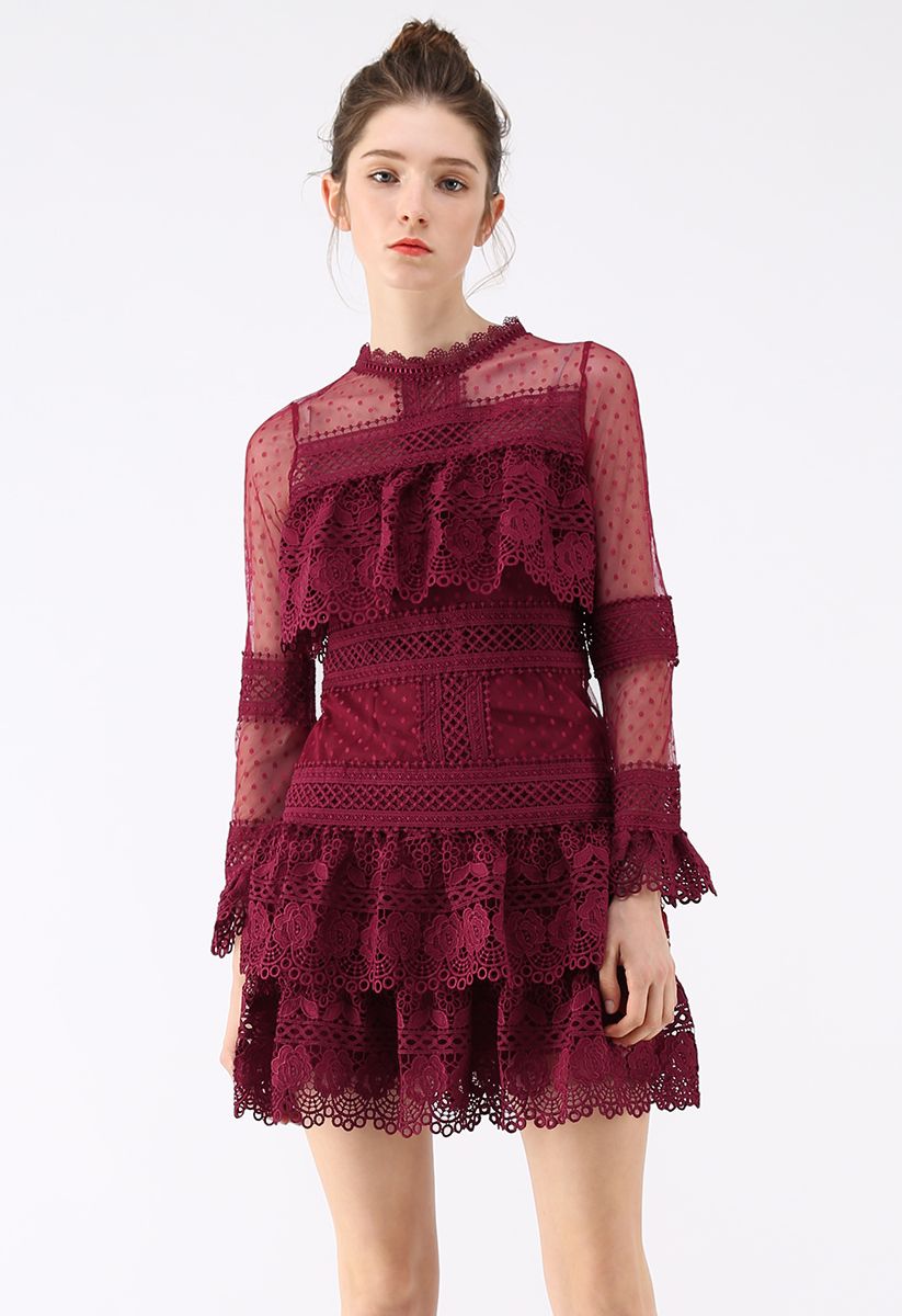 Sweet Destiny Tiered Crochet Mesh Dress in Wine