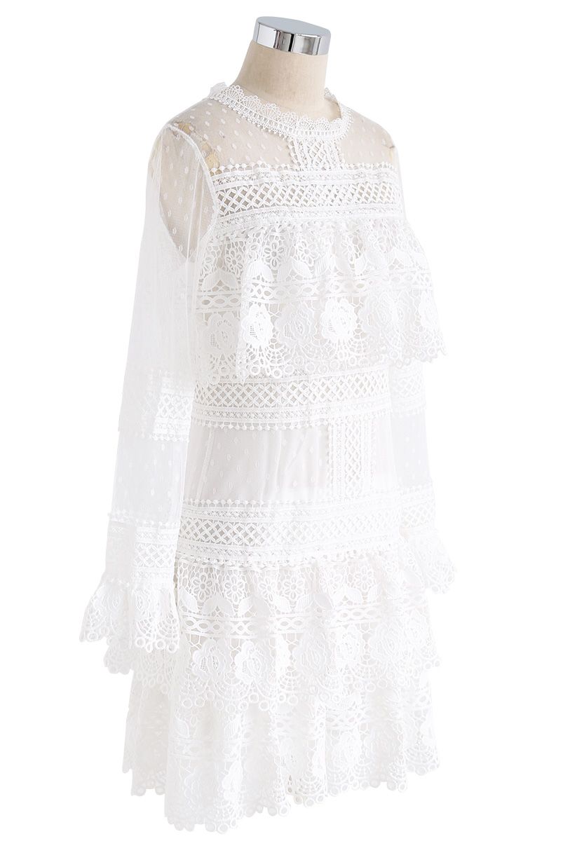 Sweet Destiny Tiered Crochet Mesh Dress in White - Retro, Indie and ...