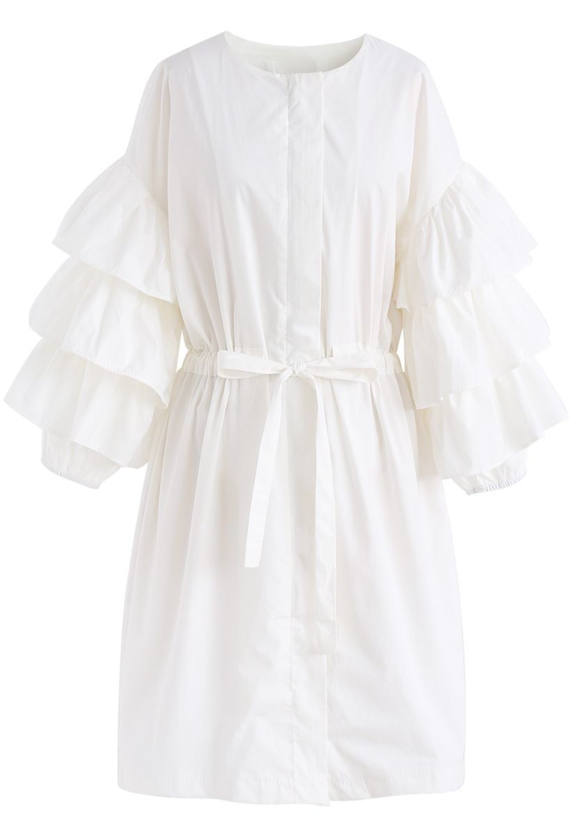 Beneath the Waves Tiered Ruffle Sleeves Coat Dress in White - Retro ...