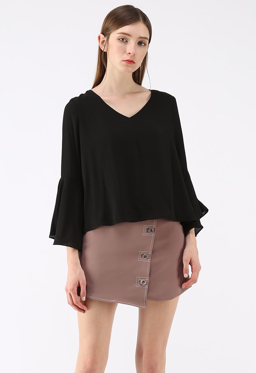 Plain But Elegant Bell Sleeves Chiffon Top in Black - Retro, Indie and ...