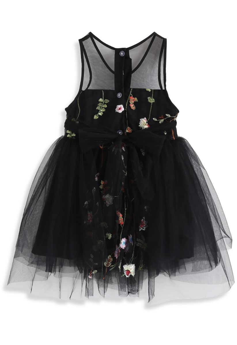 Lost in Flowering Fields Embroidered Mesh Dress in Black For Kids