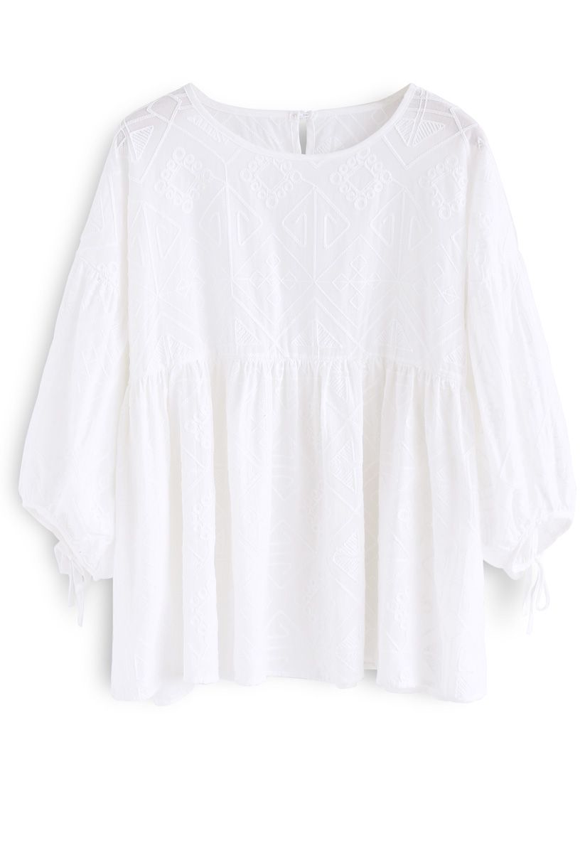 Boho Maze Embroidered Dolly Top in White - Retro, Indie and Unique Fashion