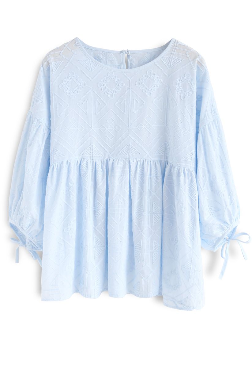 Boho Maze Embroidered Dolly Top in Blue - Retro, Indie and Unique Fashion