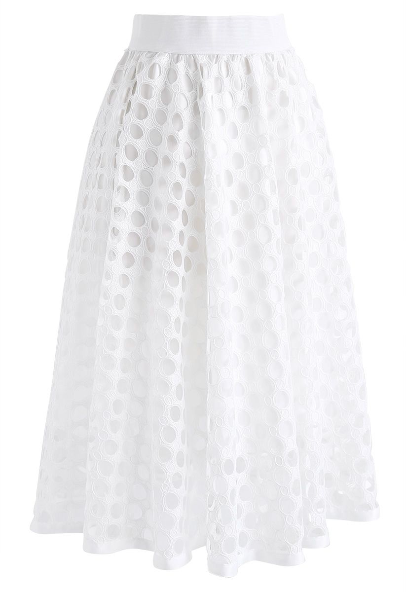 Charming Honeycomb A-Line Midi Skirt in White