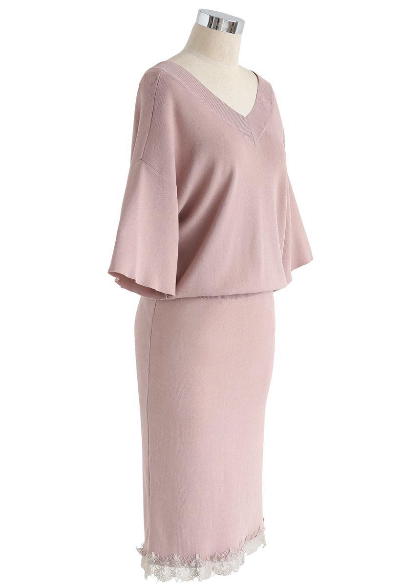True Refinement Knit V-Neck Top and Skirt Set in Dusty Pink 