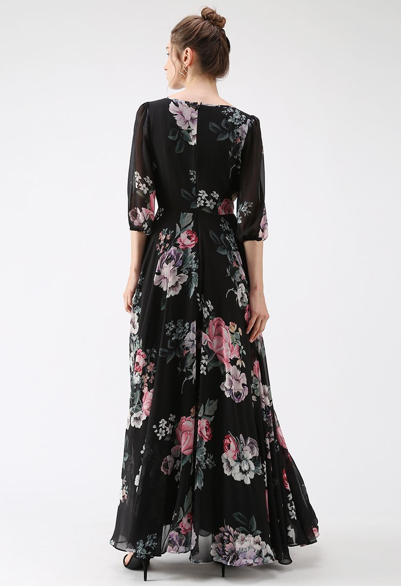 Full Bloom Asymmetric Black Floral Printed Maxi Dress