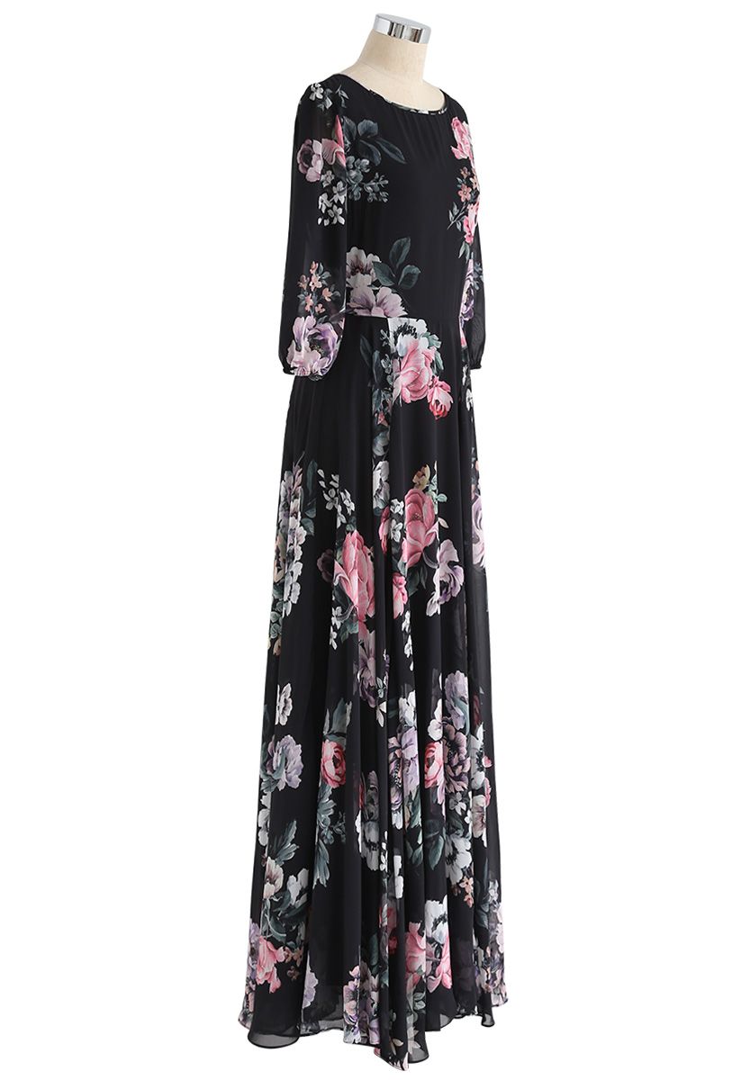 Full Bloom Asymmetric Black Floral Printed Maxi Dress - Retro, Indie ...
