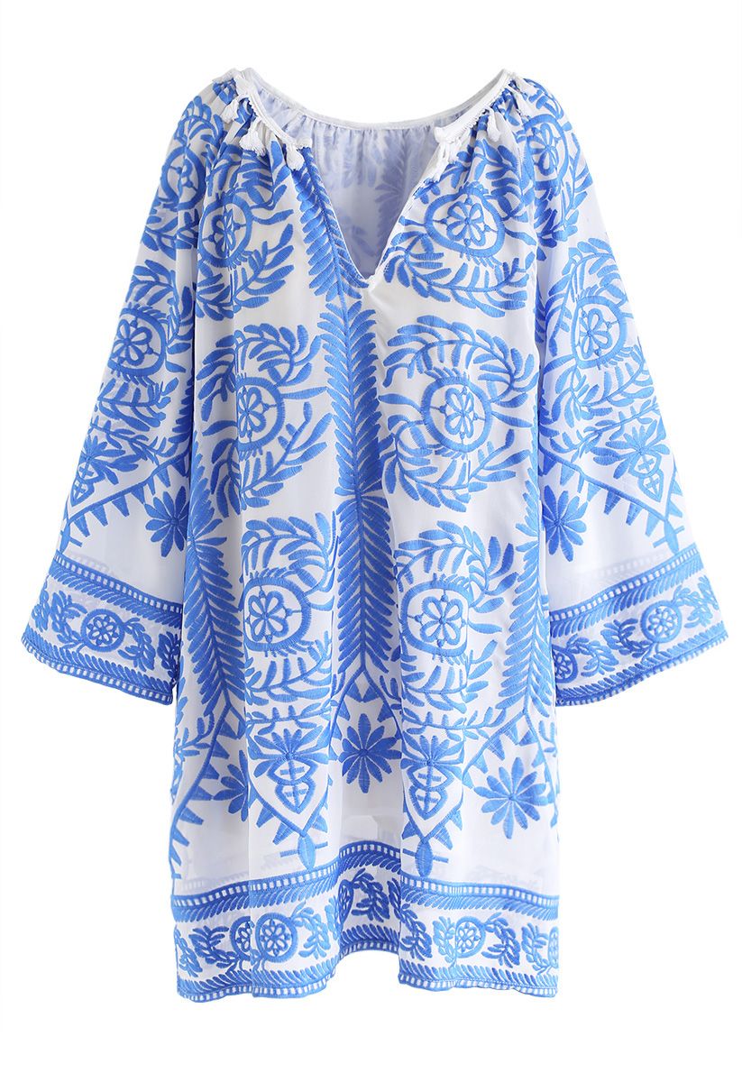 Touch The Skyline Boho Embroidered Dress in Blue - Retro, Indie and ...