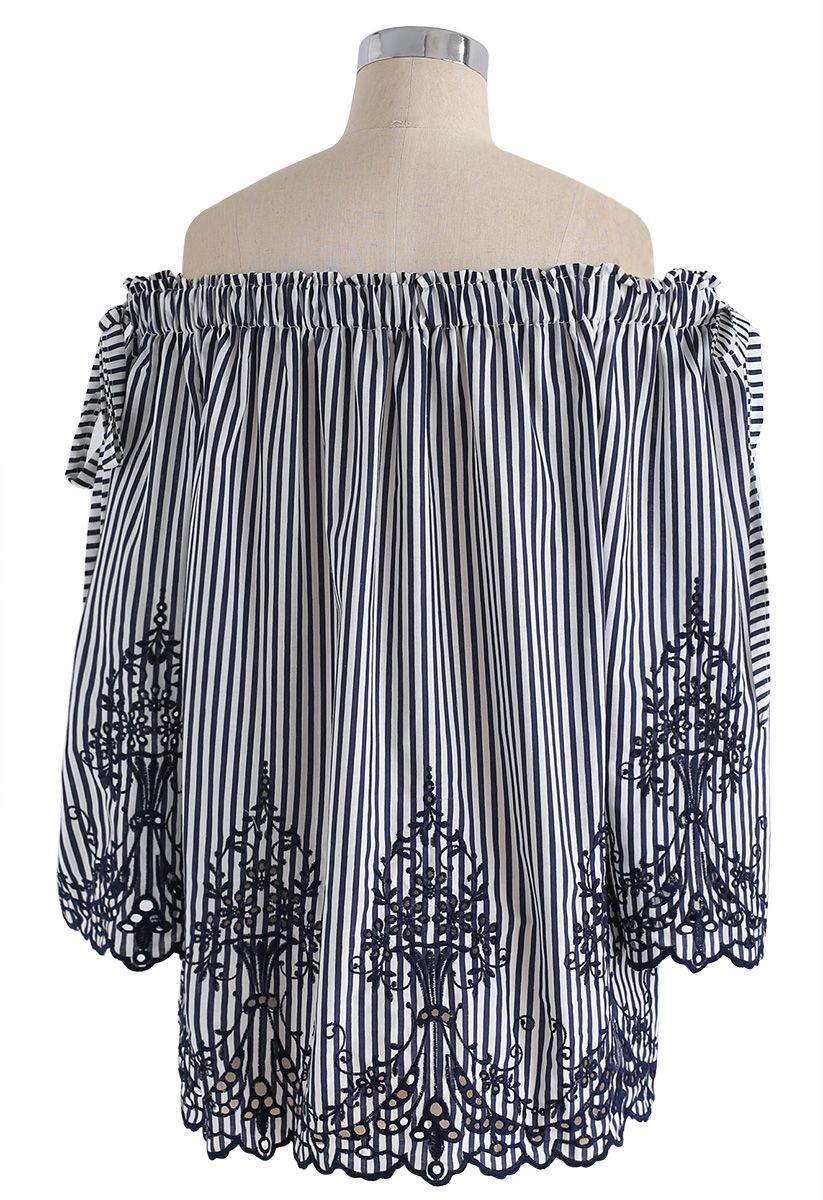 Dual Bowknot Stripes Embroidered Off-Shoulder Top in Navy - Retro ...