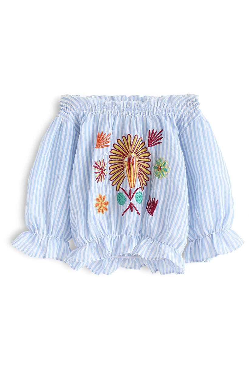 Spring Sun Embroidered Off-Shoulder Top and Pants Set For Kids
