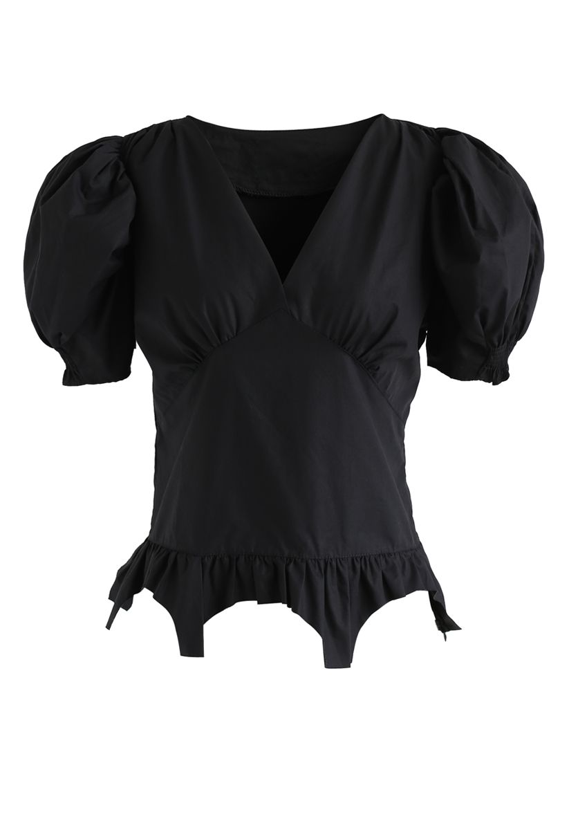 Shape of You V-Neck Puff Sleeves Top in Black