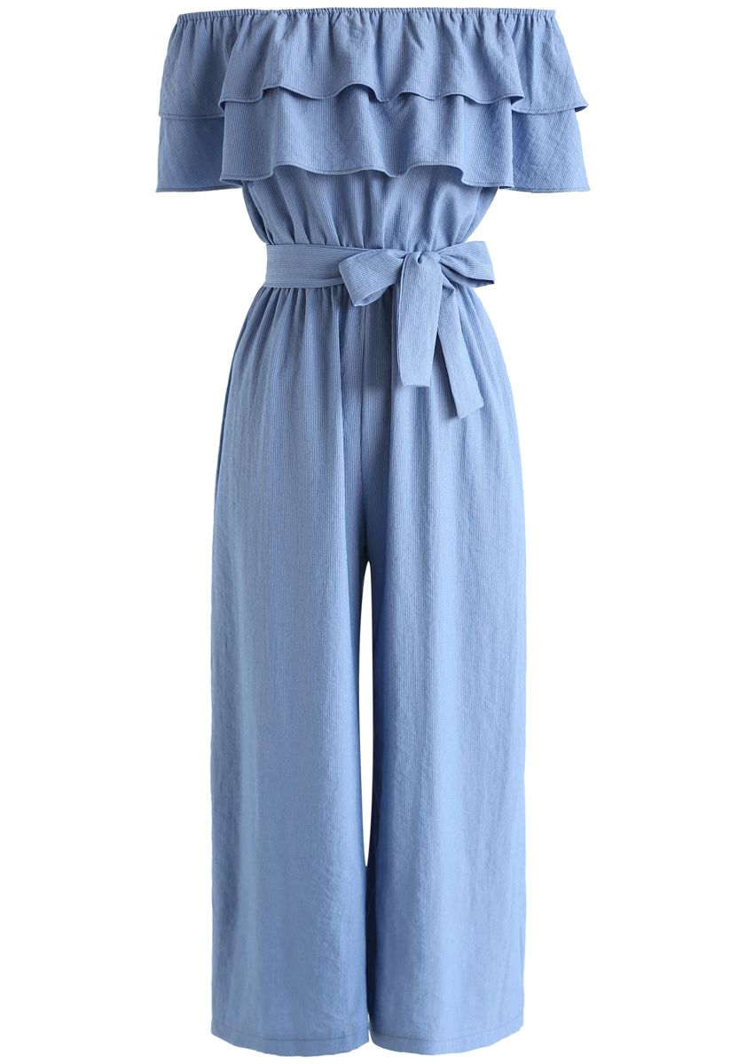 Summer Edition Off-Shoulder Ruffle Jumpsuit in Blue