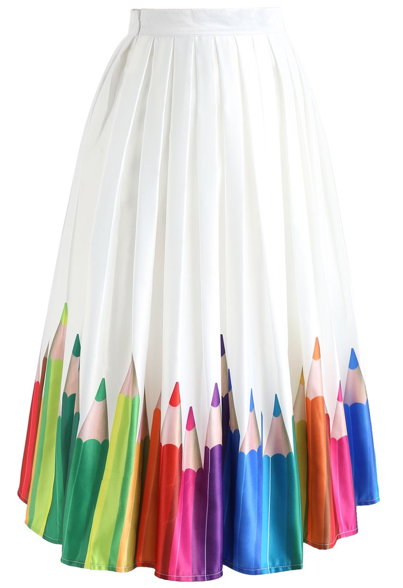Colorful Pencil Illustration Printed Midi Skirt