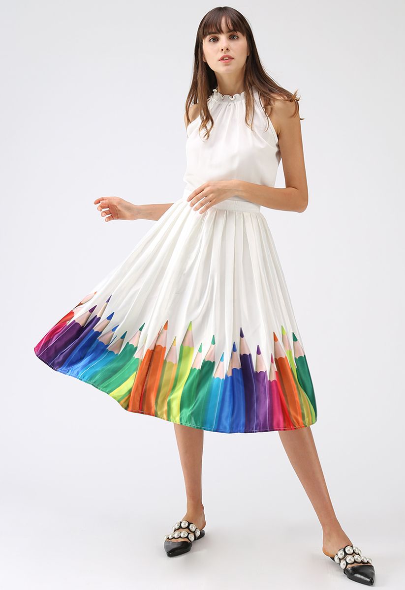 Colorful Pencil Illustration Printed Midi Skirt