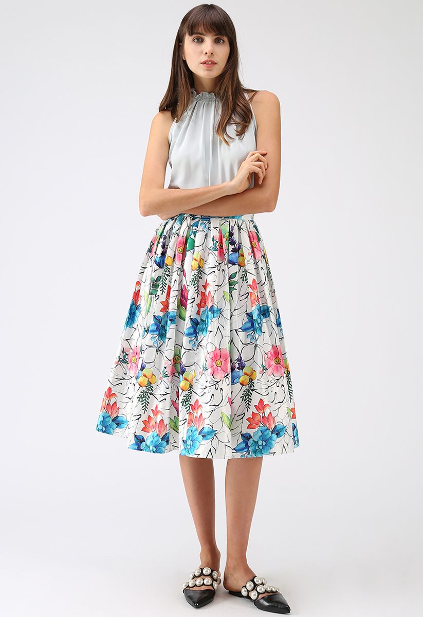 Tropical Flower Watercolor Printed Midi Skirt - Retro, Indie and Unique ...