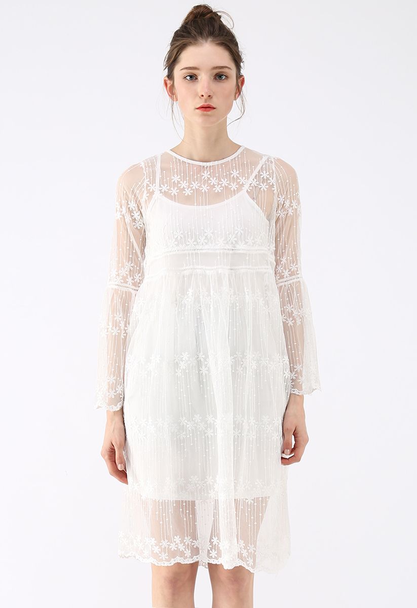 Take It Slow Flare Sleeves Mesh Embroidered Dress - Retro, Indie and ...