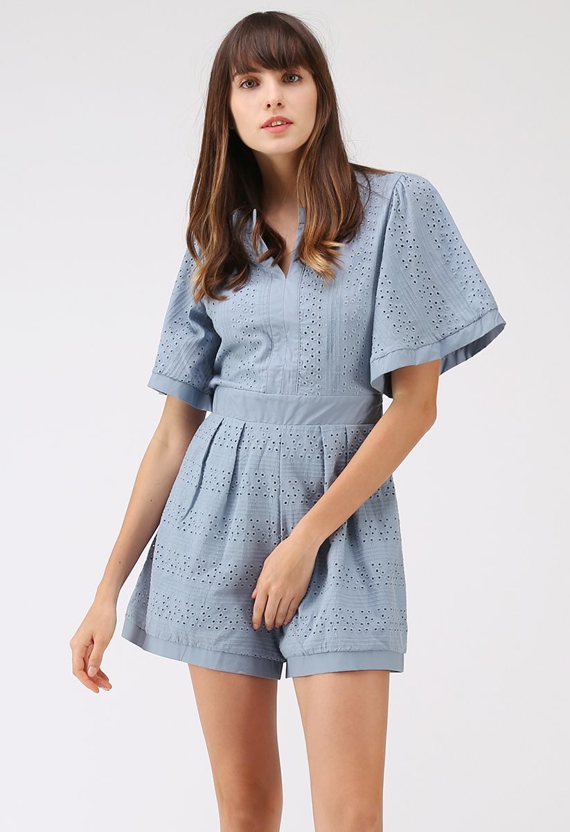 Almost Loveliness Embroidered Eyelet Playsuit in Dusty Blue - Retro ...