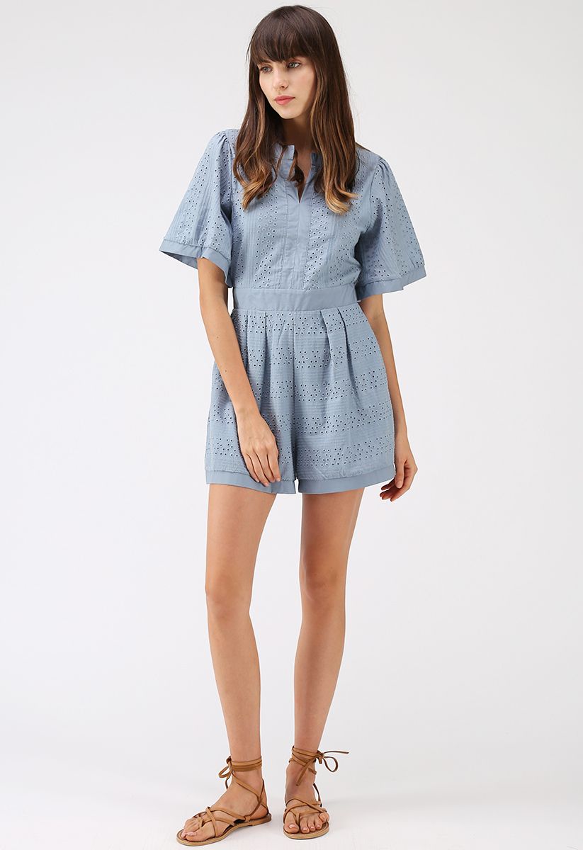 Almost Loveliness Embroidered Eyelet Playsuit in Dusty Blue
