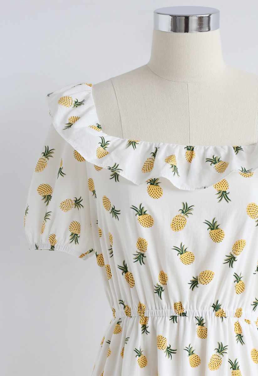 Pineapple Illusion Cold-Shoulder Dress in White