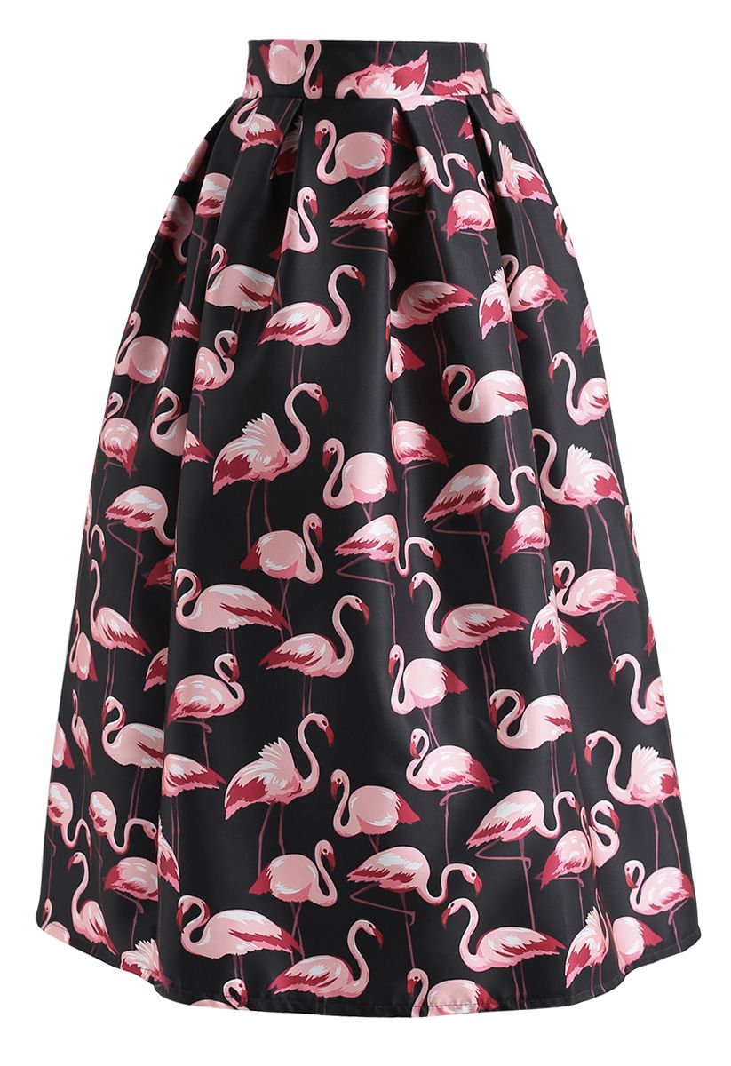 Pink Flamingo Printed Midi Skirt in Black - Retro, Indie and Unique Fashion