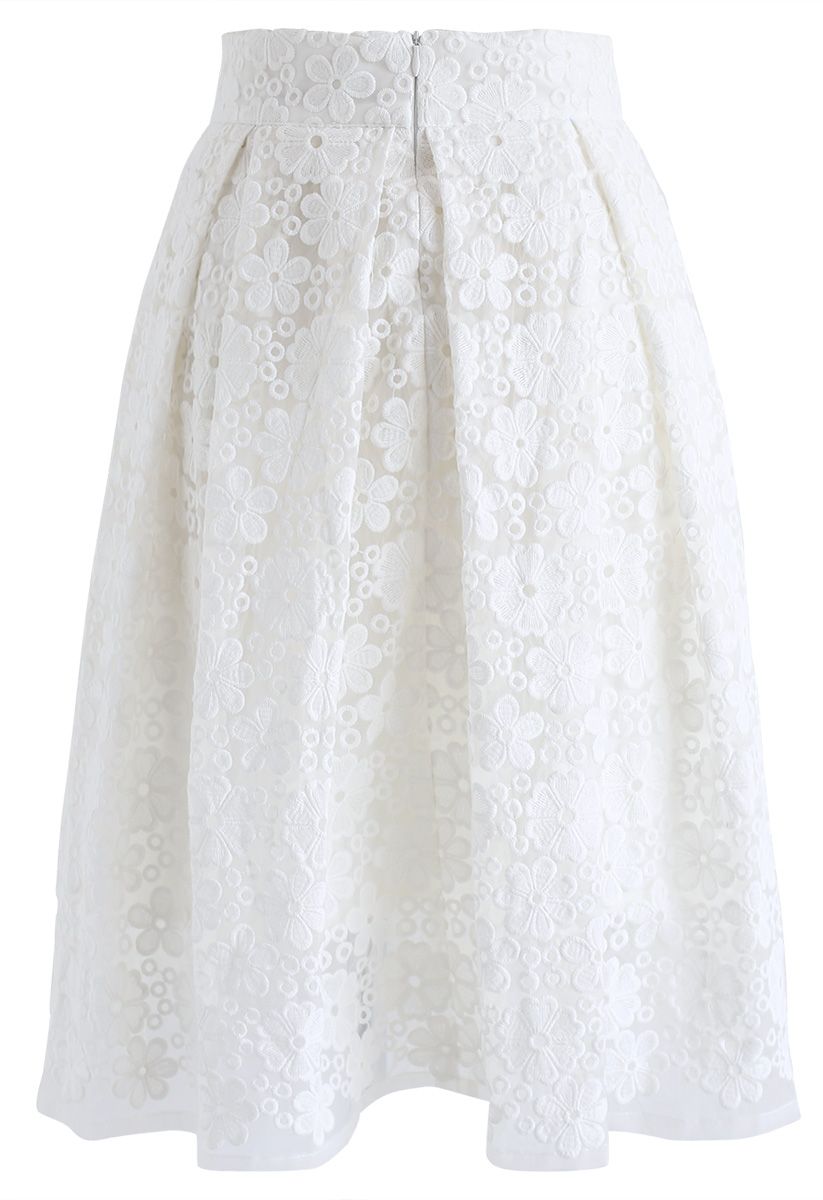 Flower Embroidered Organza Bowknot Pleated Skirt in White - Retro ...