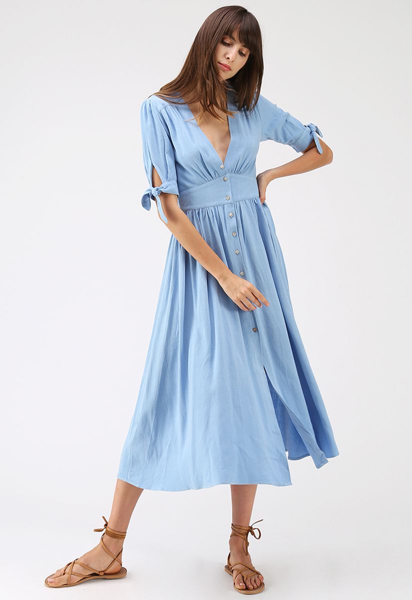 Summer Edition Button Down V-Neck Dress in Blue